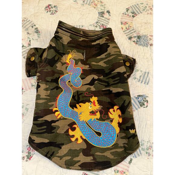 NWOT WARM LINED CAMO DRAGON EMBROIDERY DOG COAT 100% COTTON - Picture 1 of 7